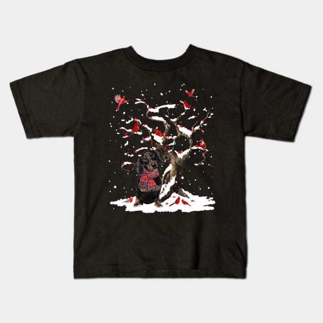 Black Dachshund Scarf Cardinal Snow Christmas Kids T-Shirt by cogemma.art